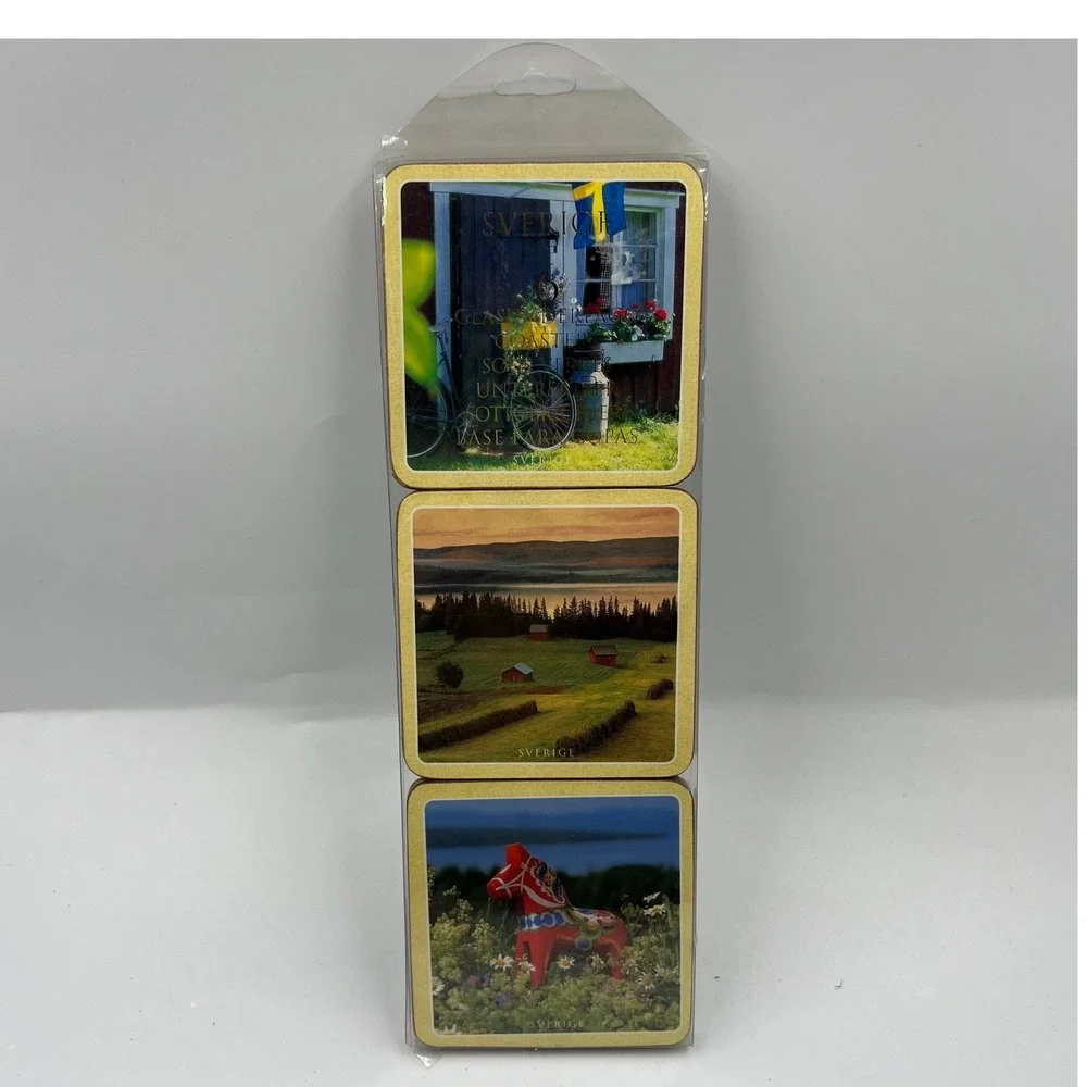 Sweden Sverige Scenic Souvenir Coasters Set of 6 Cork Back Dala Horse Moose New
